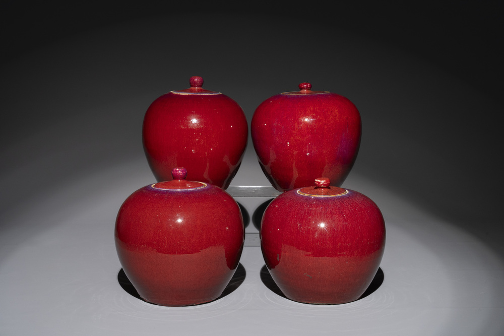 Four Chinese flamb&eacute;-glazed jars and covers, 19th C.