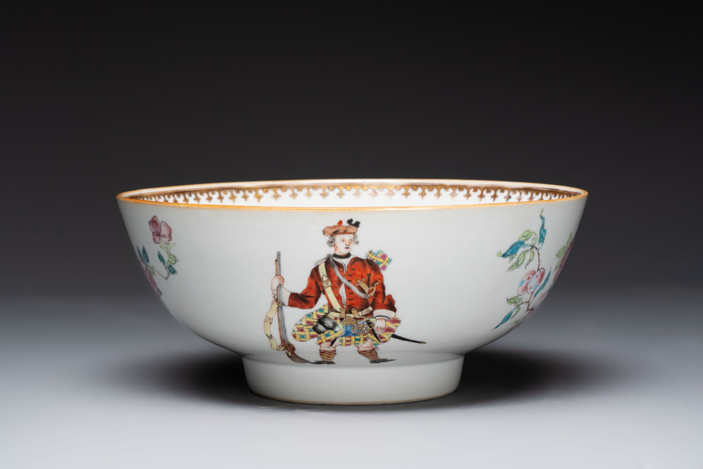 A rare Chinese famille rose 'Scotsmen' bowl, Qianlong, ca. 1745