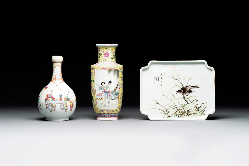 Two Chinese famille rose vases and a qianjiang cai tray, Qianlong mark, 18th C. and later
