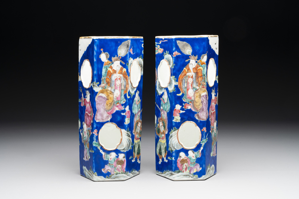 A pair of unusual Chinese blue-ground famille rose 'Eight Immortals' hat stands, Tongzhi mark and of the period