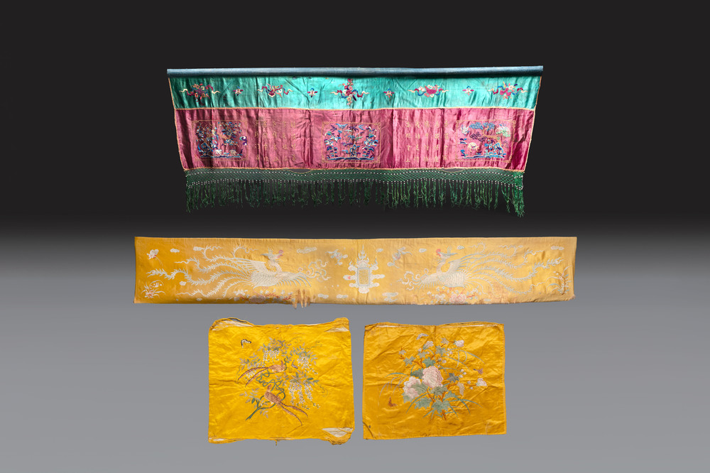 Four Chinese or Vietnamese embroidered silk panels, 19th C.