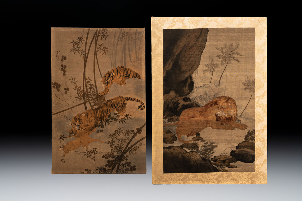 Two Japanese embroidered silk panels with hunting tigers and lions, Meiji, 19th C.