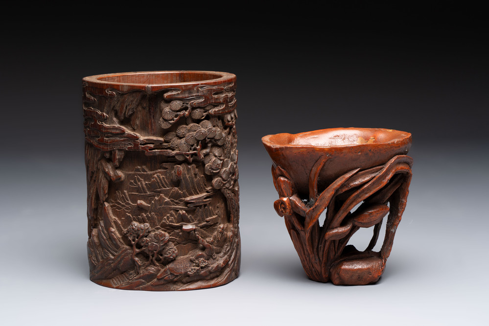 A Chinese carved bamboo brush pot and libation cup, Qing