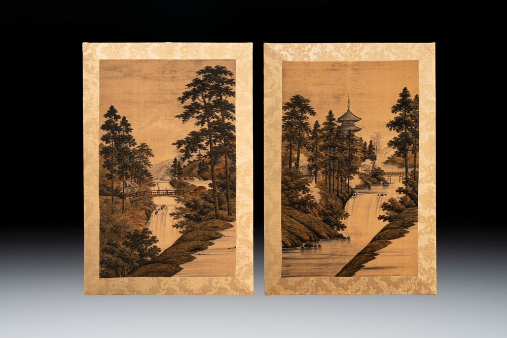 Two Japanese embroidered silk panels with landscape design, Meiji, 19th C.