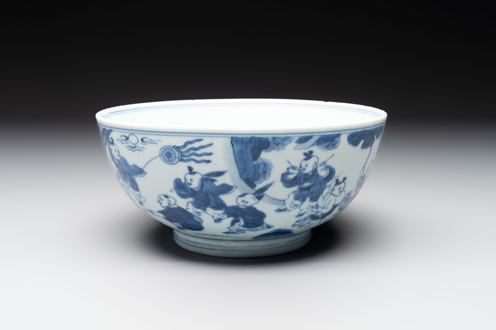 A Chinese blue and white '100 boys' bowl, Fu Lu Shou seal mark, Yongzheng