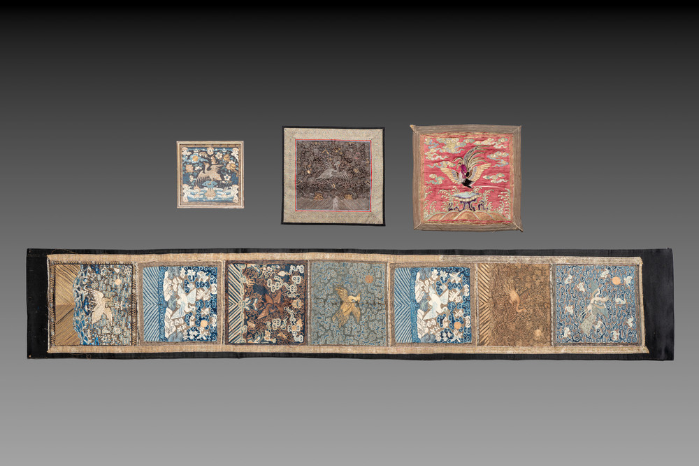 Ten Chinese gold-thread-embroidered silk rank badges, 19th C.