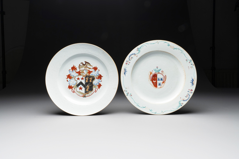 Two Chinese famille rose armorial dishes with the arms of Willes impaling Broster and the arms of Dobree impaling De Havilland, Yongzheng/Qianlong