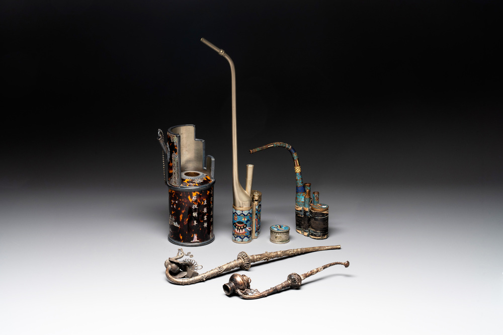 Three Chinese water pipes, two mouth pieces and a cloisonn&eacute; opium box and cover, 19th C.