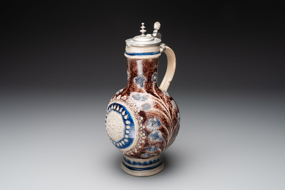 A Westerwald pewter-mounted stoneware jug, Germany, dated 1685
