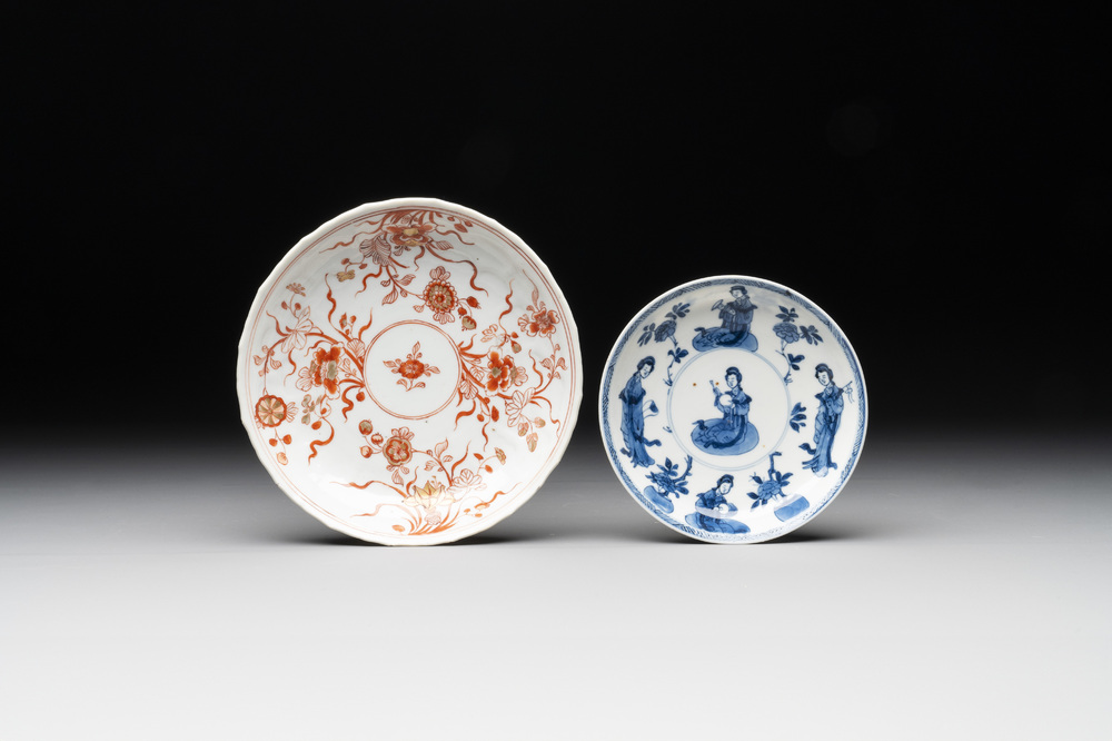A Chinese gilt iron-red saucer and a blue and white saucer, Johanneum marks, ex-collection of August the Strong, Kangxi