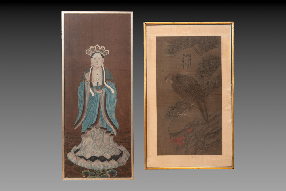 Follower of Yun Shouping 恽寿平 (1633-1690): 'Eagle', dated 1819, and a Chinese school painting of 'Bodhisattva', 20th C.