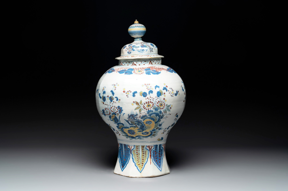 A large polychrome Dutch Delft baluster vase and cover, late 17th C.