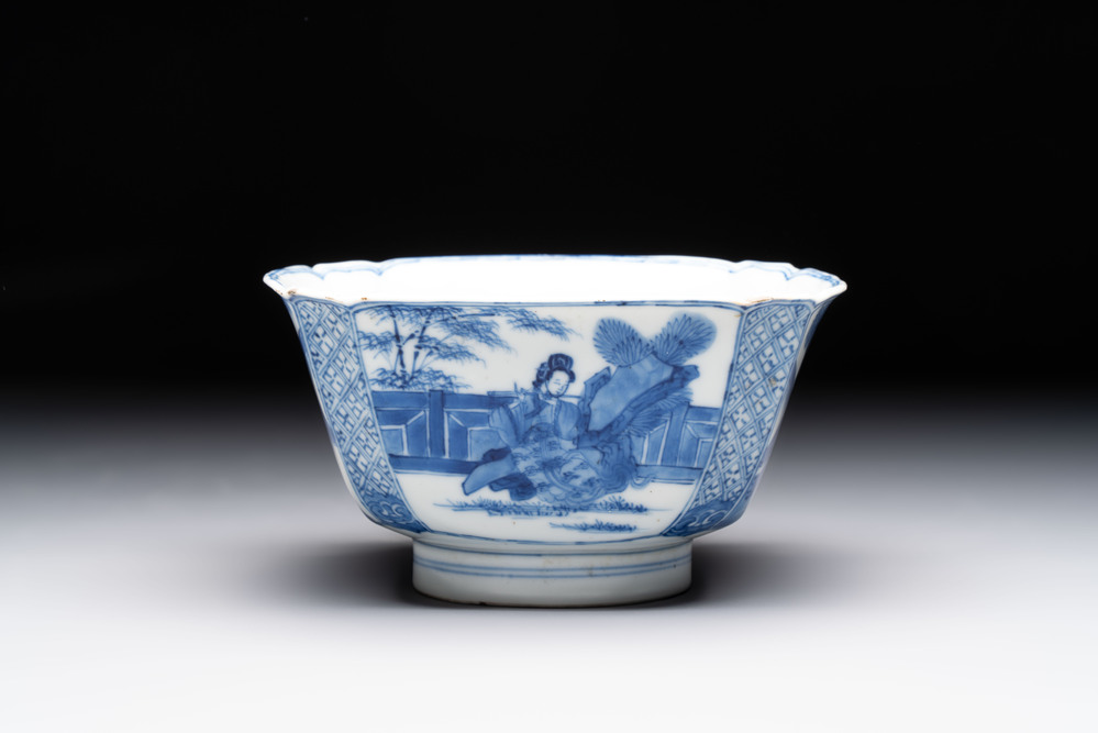 A Chinese blue and white square bowl with ladies in a garden, Kangxi mark and of the period