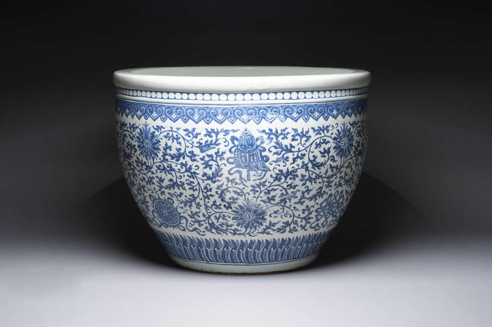 A massive Chinese blue and white 'Bajixiang' fish bowl, Qianlong