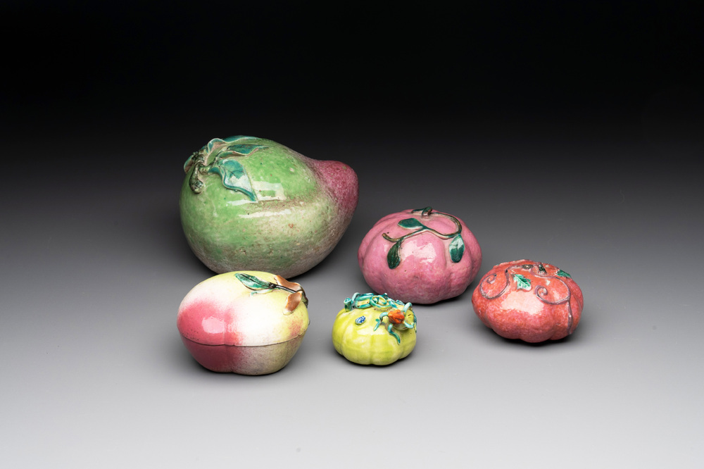 A collection of five Chinese famille rose peaches and pumpkins, including a box and cover, 19th C.
