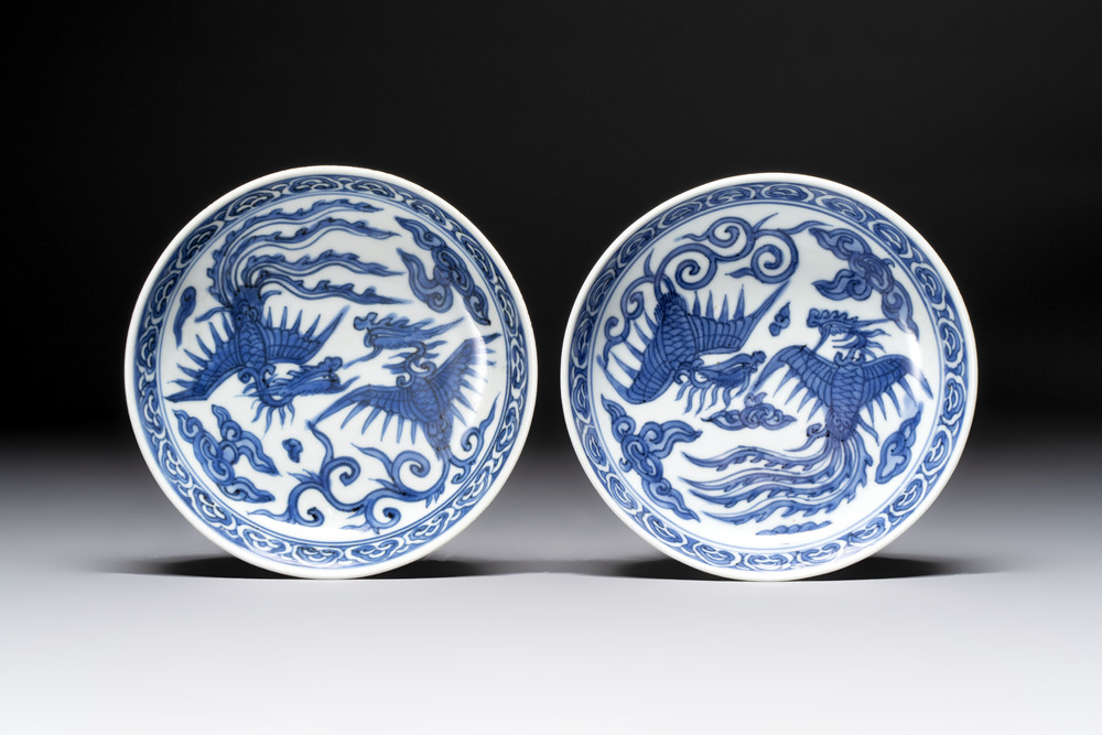 A pair of Chinese blue and white 'phoenix' plates, Wanli mark and of the period