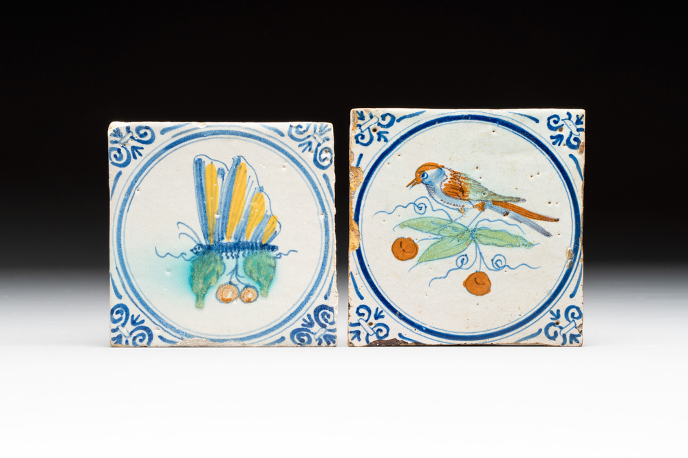 Two polychrome Dutch Delft 'dragonfly' and 'bird' medallion tiles, Haarlem, 17th C.