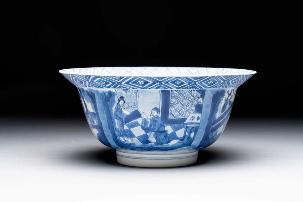 A Chinese blue and white 'klapmuts' bowl with narrative design, Kangxi mark and of the period