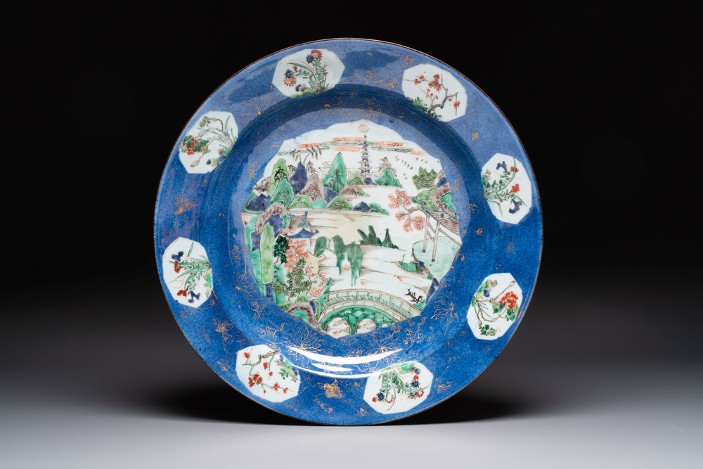 A Chinese famille verte powder-blue-ground 'landscape' dish, Kangxi