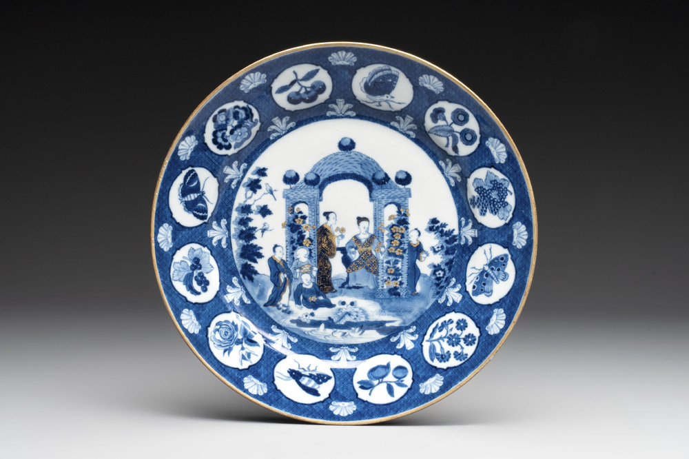 A rare Chinese blue and white 'arbour' dish after Cornelis Pronk, Qianlong, ca. 1740