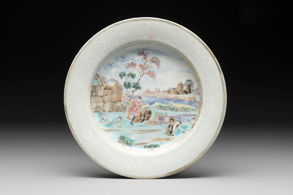 A Chinese famille rose bianco-sopra-bianco 'Peter The Great in Zaandam' plate, Qianlong