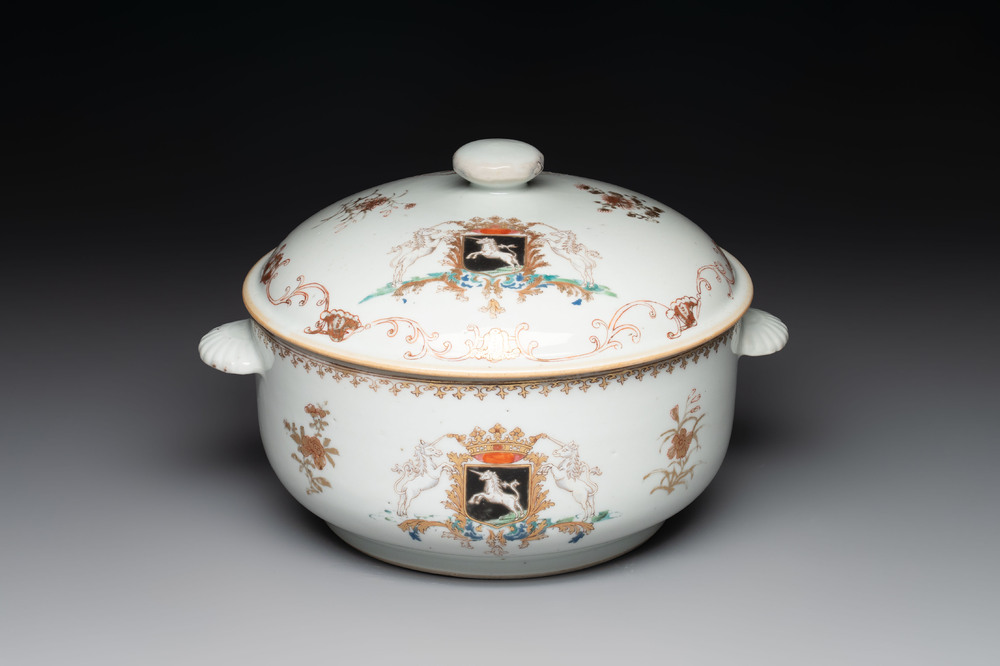 A Chinese famille rose armorial tureen and cover with the arms of van Beeftingh for the Dutch market, Qianlong