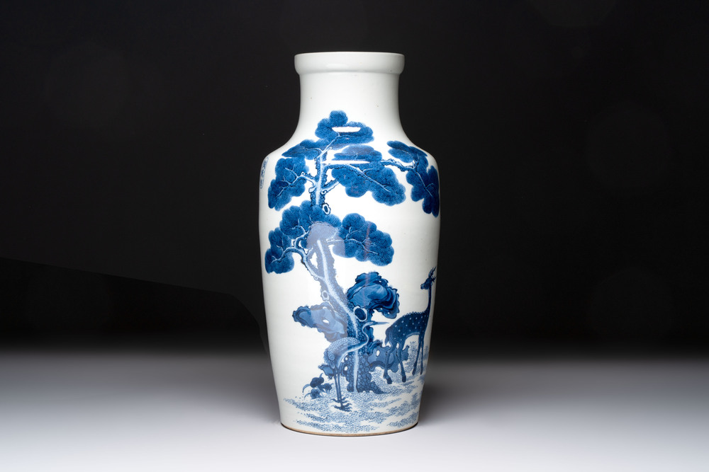 A Chinese blue and white 'He Lu Tong Chun 鶴鹿同春' vase, Tao Cheng Tang 陶成堂 mark, 18/19th C.