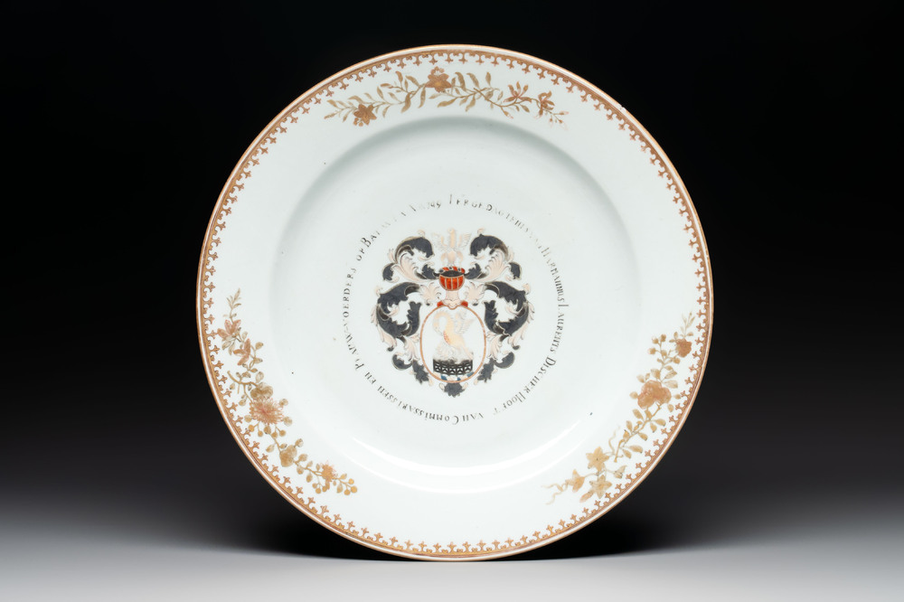A large Chinese gilt-decorated armorial dish with the arms of Harmannus Laurents Discher for the Batavian market, Qianlong, dated 1749