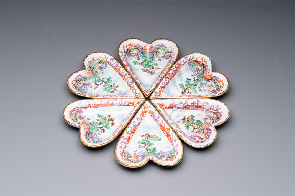 A rare polychrome Dutch Delft petit feu six-piece sweetmeat set, 18th C.