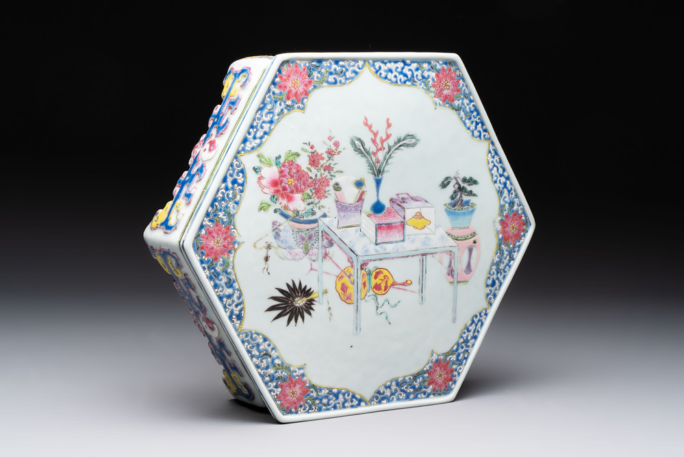 A Chinese famille rose hexagonal stand with antiquities, Yongzheng/Qianlong
