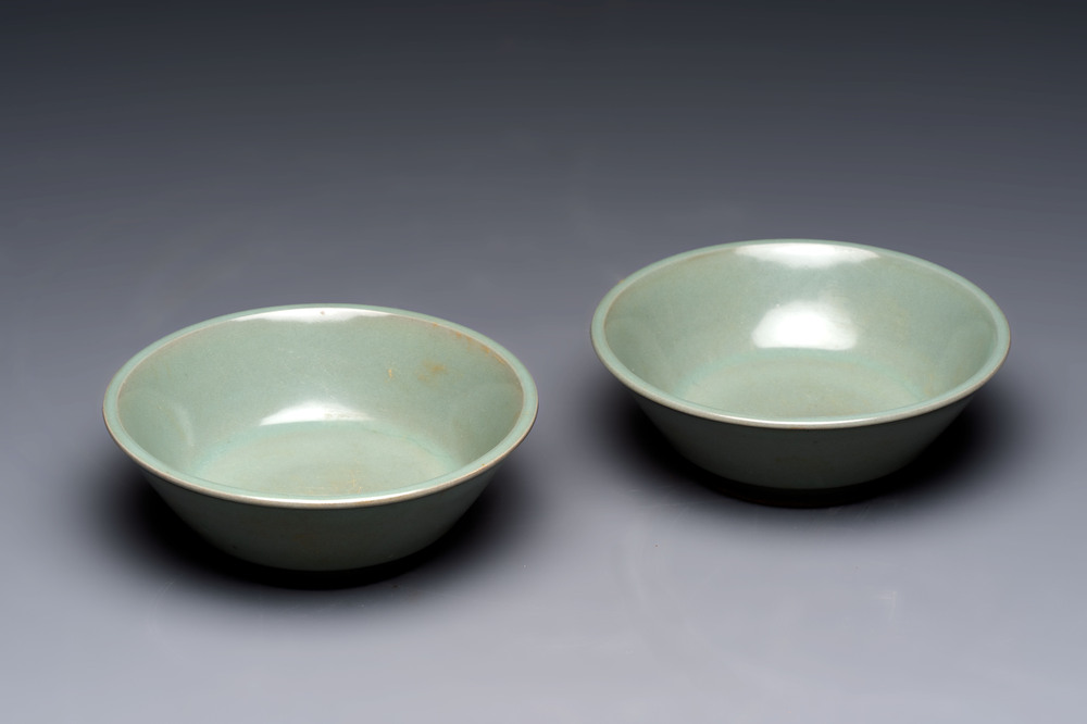 A pair of Chinese Longquan celadon saucers, Song/Yuan