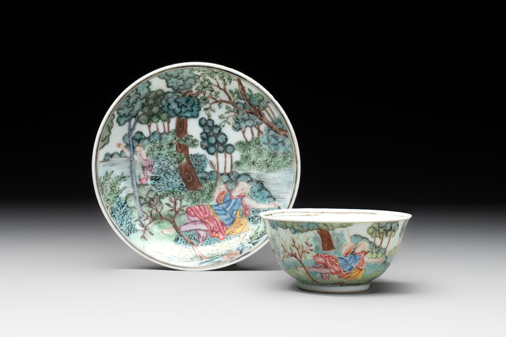 A Chinese famille rose 'Procris and Cephales' cup and saucer, Qianlong