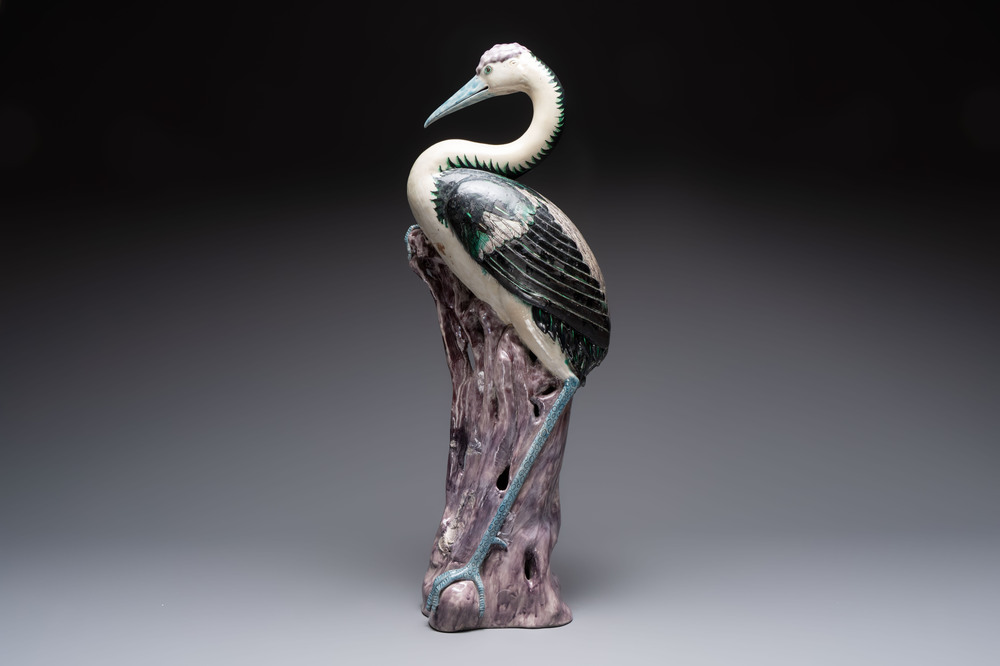 A rare and large Chinese polychrome-glazed crane on a rock, 18/19th C.