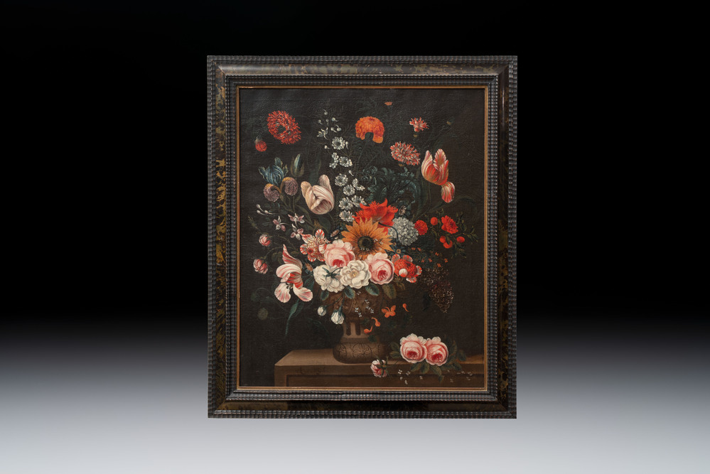 A. v. Wijk (Dutch school): 'Still life with flowers', oil on canvas, 17th C.