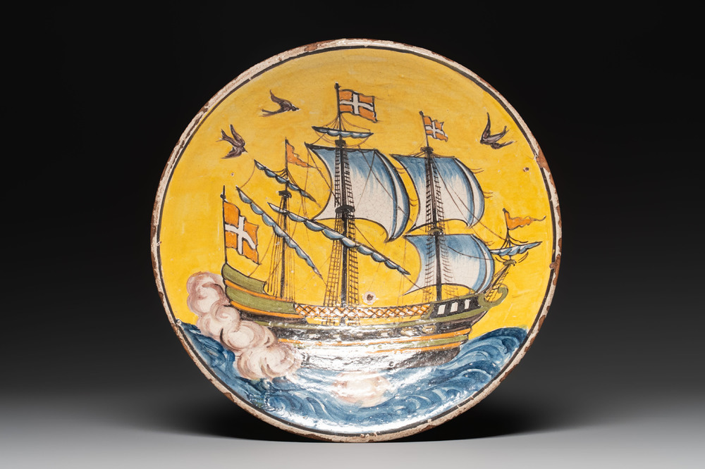 An Italian maiolica dish with a Danish ship, 19th C.
