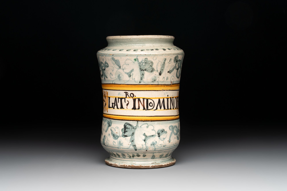 A polychrome Italian albarello inscribed 'RO. LAT: IND. MINOR', Montelupo, 17th C.