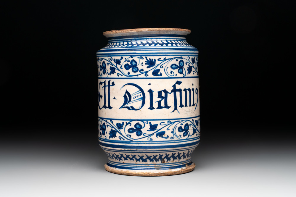 A blue and white Italian albarello, Faenza, 2nd half 16th C.