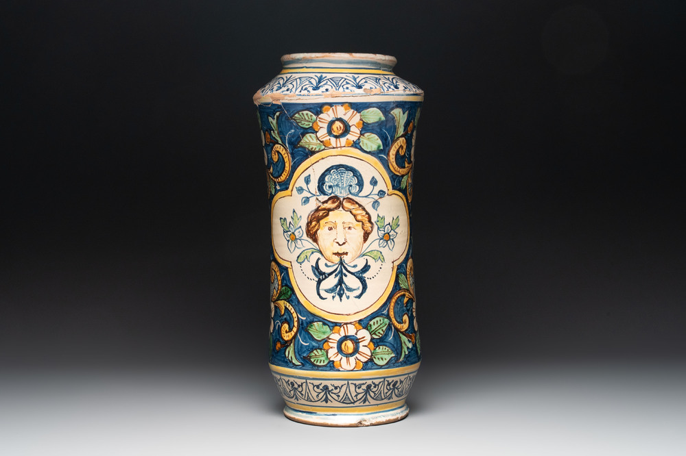 A large polychrome Italian maiolica albarello, Caltagirone, 19th C.