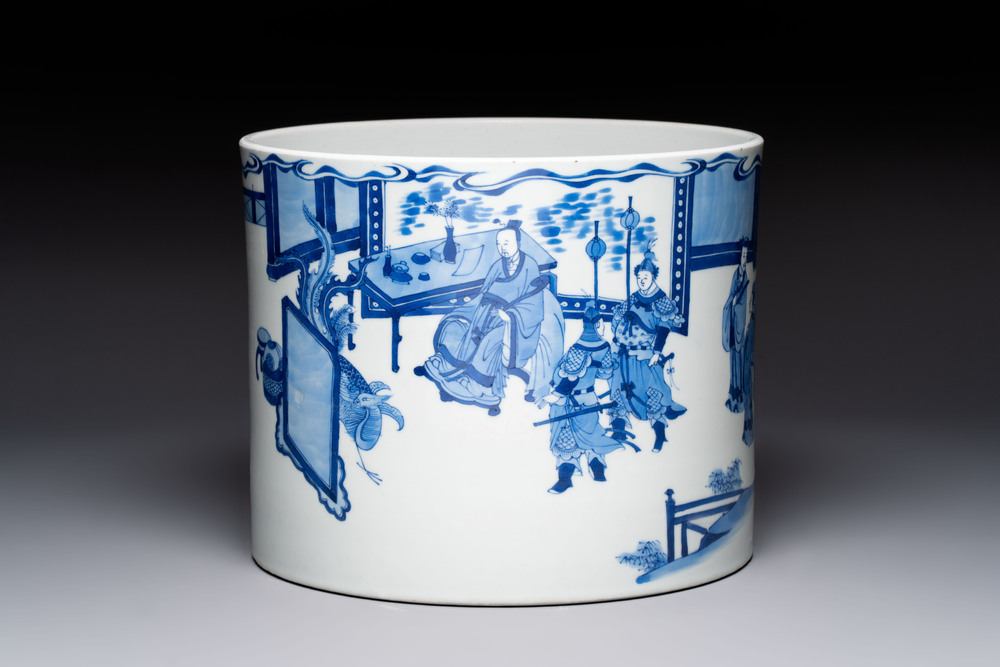 A large Chinese blue and white 'Li Jing Qu Qi 李靖娶妻' brush pot, 19th C.