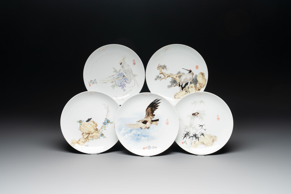 Five Chinese polychrome plates, signed Zou Furen 邹甫仁, dated 1989