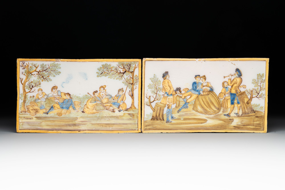 Two Italian maiolica &lsquo;pastoral&rsquo; plaques, one dated 1745, Castelli, 18th C.