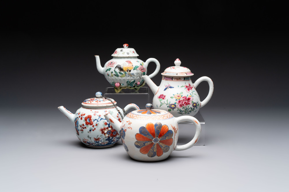 Two Chinese famille rose teapots, an Imari-style teapot and a Dutch-decorated teapot, Yongzheng/Qianlong