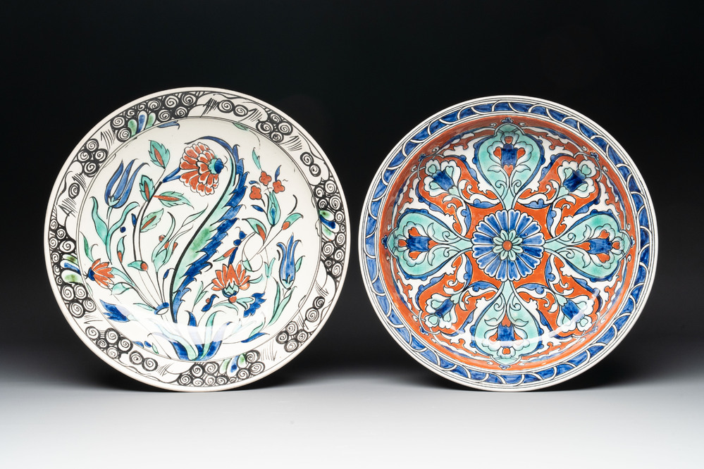 Two Iznik style dishes, Boch Fr&egrave;res Keramis and Nimy, 1st half 20th C.