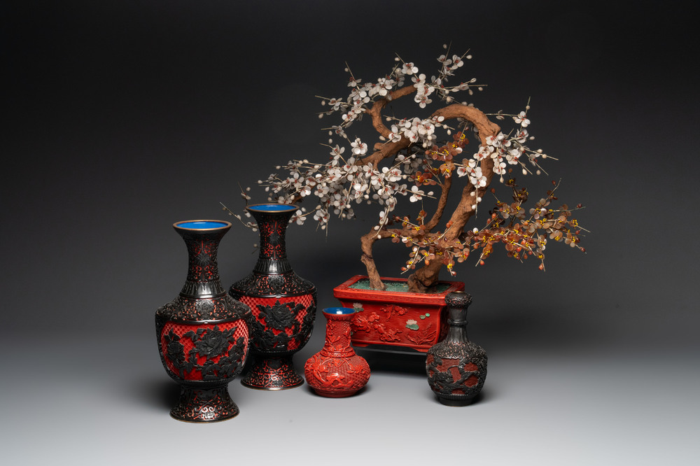 A collection of four Chinese lacquered enamel vases and a hardstone bonsai tree, 20th C.