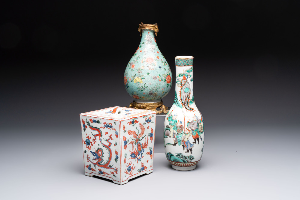 A Chinese wucai square covered container, a gilt bronze-mounted famille verte vase and a Canton famille verte bottle vase, Kangxi and later