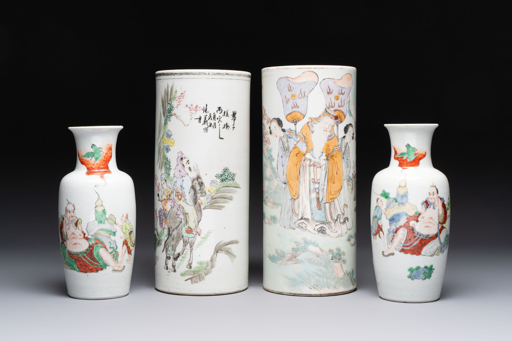 A pair of Chinese polychrome 'Zhong Kui' vases and two qianjiang cai hat stands, Jiangxi Ciye Gongsi 江西瓷业公司 mark, 20th C.