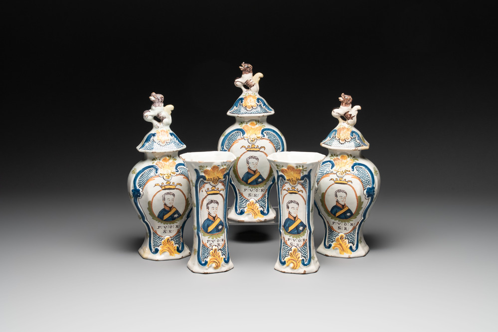 A polychrome Dutch Delft garniture of five vases with the portrait of William I of The Netherlands, early 19th C.