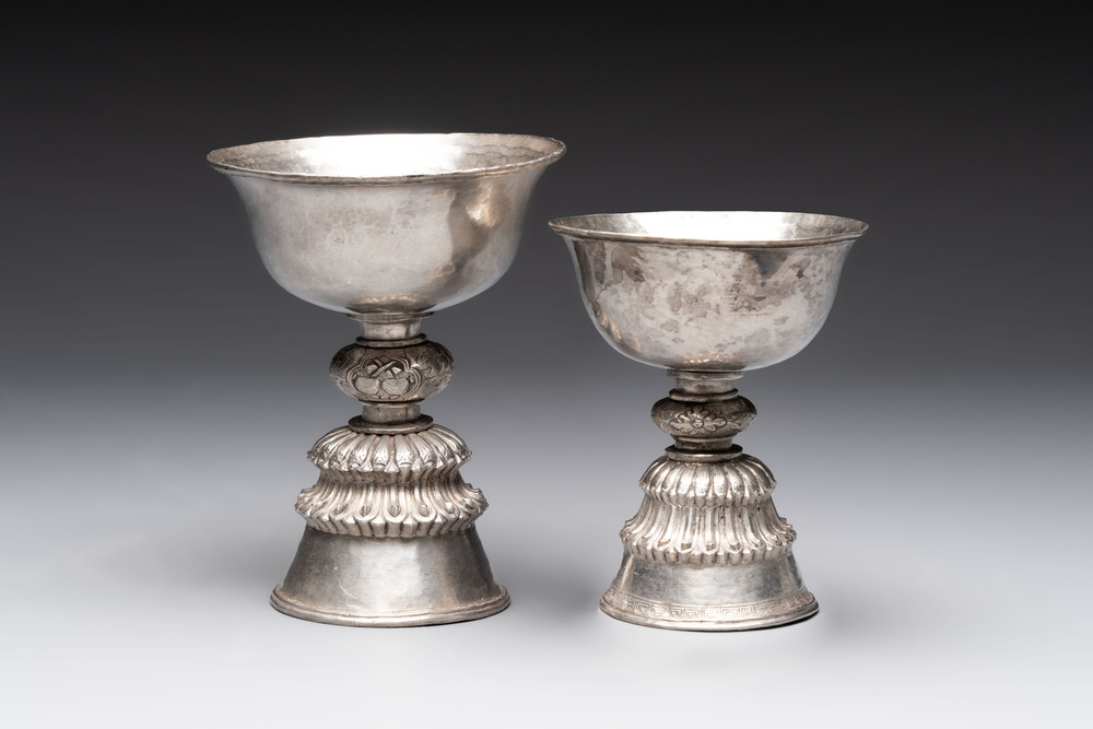 Two Tibetan silver butter lamps, 19th C.