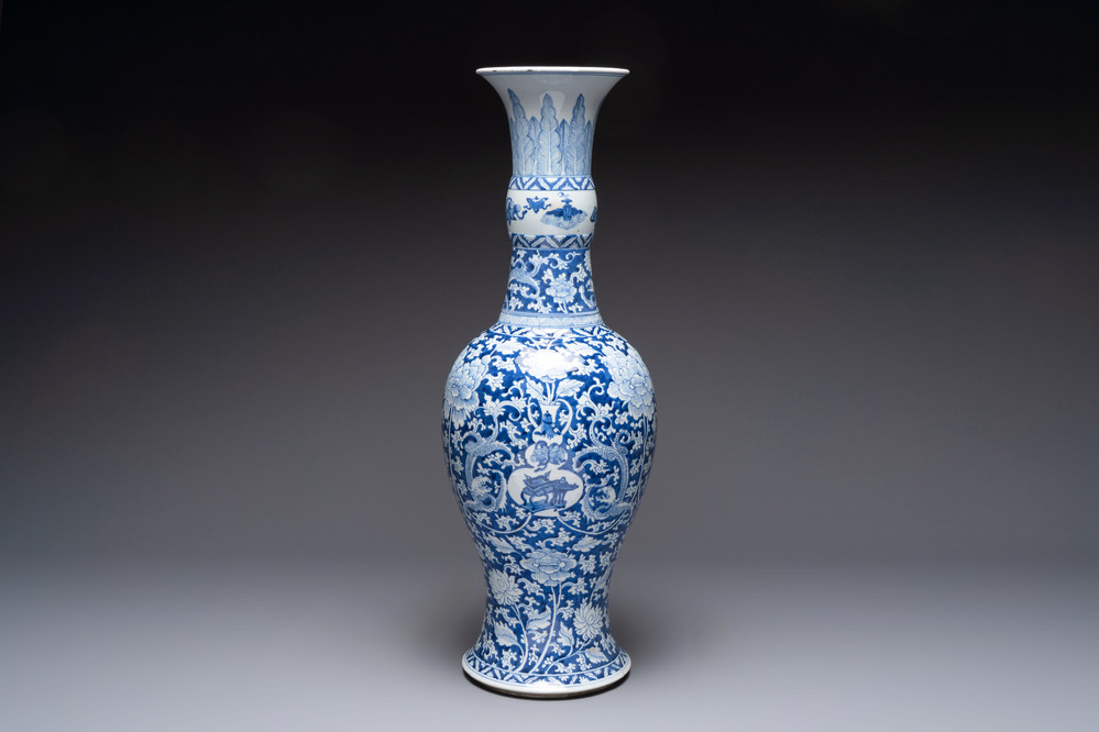 A large Chinese blue and white vase with dragons, peonies and antiquities, Johanneum mark, ex-collection of August the Strong, Kangxi