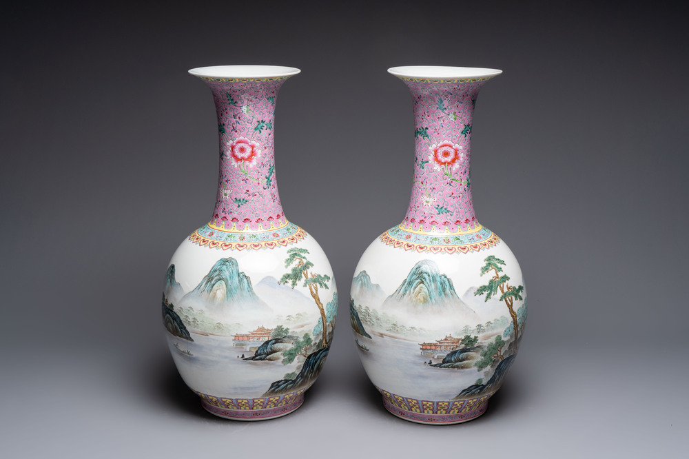 A pair of Chinese famille rose 'riverscape' vases, Qianlong mark, 20th C.